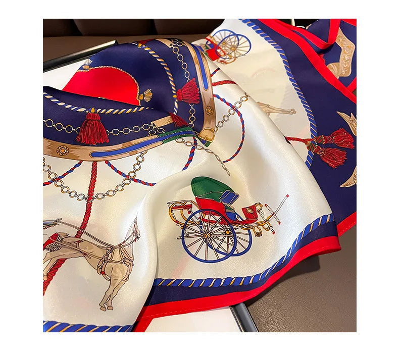 100% Mulberry Silk Square Scarf Vintage European Carriage & Chain Print Pink Elegant Luxury Silk Neck/Head Wrap Women's Fashion