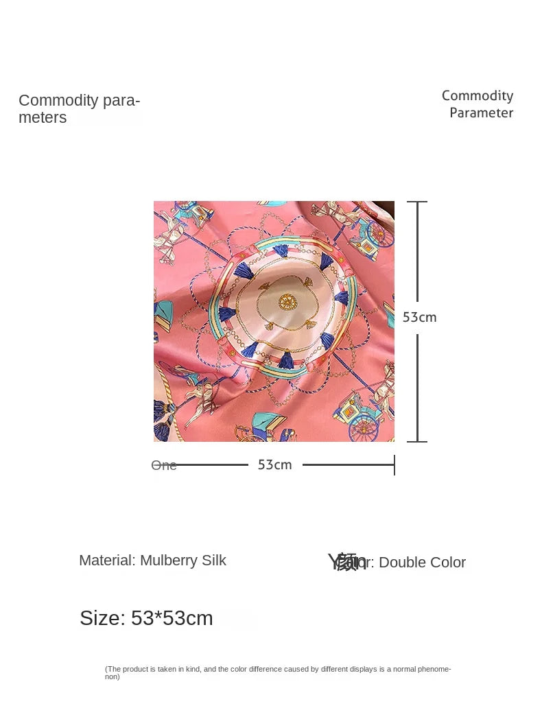 100% Mulberry Silk Square Scarf Vintage European Carriage & Chain Print Pink Elegant Luxury Silk Neck/Head Wrap Women's Fashion