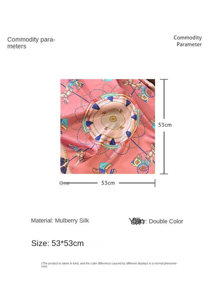 100% Mulberry Silk Square Scarf Vintage European Carriage & Chain Print Pink Elegant Luxury Silk Neck/Head Wrap Women's Fashion