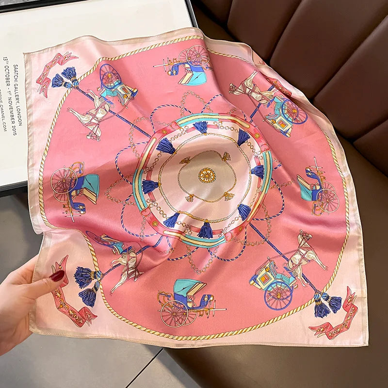 100% Mulberry Silk Square Scarf Vintage European Carriage & Chain Print Pink Elegant Luxury Silk Neck/Head Wrap Women's Fashion