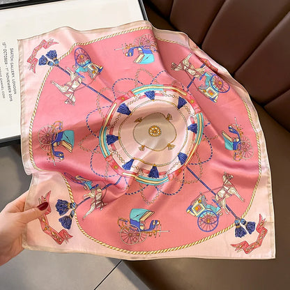 100% Mulberry Silk Square Scarf Vintage European Carriage & Chain Print Pink Elegant Luxury Silk Neck/Head Wrap Women's Fashion