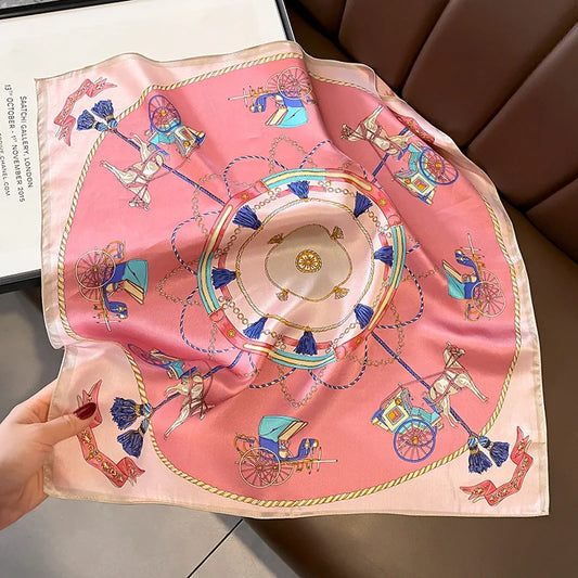 100% Mulberry Silk Square Scarf Vintage European Carriage & Chain Print Pink Elegant Luxury Silk Neck/Head Wrap Women's Fashion