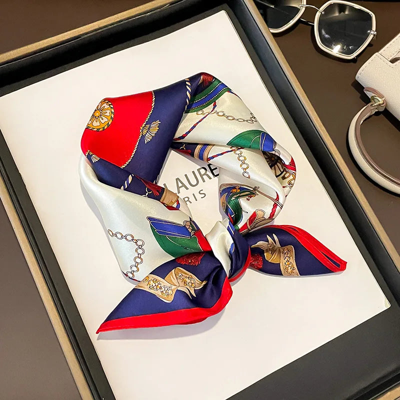 100% Mulberry Silk Square Scarf Vintage European Carriage & Chain Print Pink Elegant Luxury Silk Neck/Head Wrap Women's Fashion