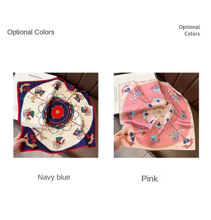 100% Mulberry Silk Square Scarf Vintage European Carriage & Chain Print Pink Elegant Luxury Silk Neck/Head Wrap Women's Fashion