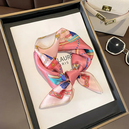 100% Mulberry Silk Square Scarf Vintage European Carriage & Chain Print Pink Elegant Luxury Silk Neck/Head Wrap Women's Fashion
