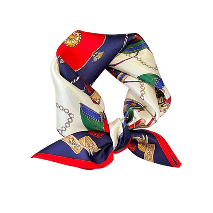 100% Mulberry Silk Square Scarf Vintage European Carriage & Chain Print Pink Elegant Luxury Silk Neck/Head Wrap Women's Fashion
