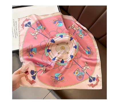 100% Mulberry Silk Square Scarf Vintage European Carriage & Chain Print Pink Elegant Luxury Silk Neck/Head Wrap Women's Fashion