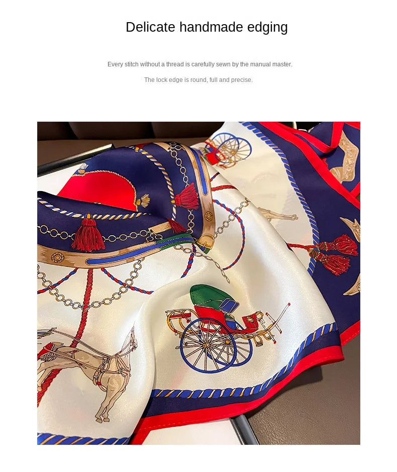 100% Mulberry Silk Square Scarf Vintage European Carriage & Chain Print Pink Elegant Luxury Silk Neck/Head Wrap Women's Fashion